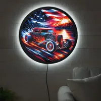 Classic hot rod racing along a sunset river LED sign