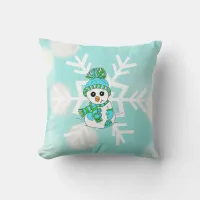 Teal Snowman and Snowflakes Holidays Christmas Throw Pillow