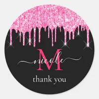 Hot Pink Dripping Glitter + Black Monogram Thank U Classic Round Sticker