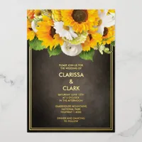 Bright Modern Sunflower Yellow Rustic Wedding Foil Invitation