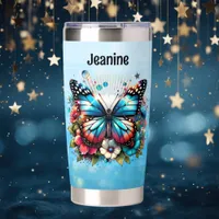 Pretty Blue Butterfly and Flowers Personalized Insulated Tumbler