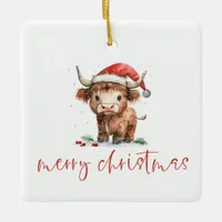 Highland Cow Santa Script name Merry Christmas Ceramic Ornament