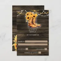 Sunflowers Cowboy Boots Barn Wood Western Wedding  RSVP Card