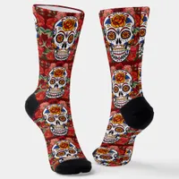 Sugar Skull Pink Red Roses Holidays Unisex Socks