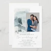 Snow Forest Photo Elegant Script Winter Wedding Invitation