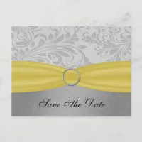 Gray Yellow  FAUX ribbon diamante buckle Wedding Announcement Postcard