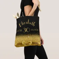 30th birthday black gold bow name tote bag