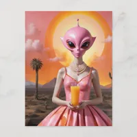 Funny Alien Lady With Orange Juice in Desert Postcard