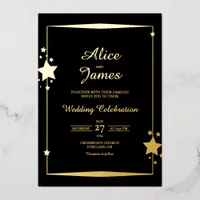 Stars Border Frame Elegant Black Gold Foil Wedding Invitation