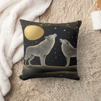 Majestic Wolves Howling Under Midnight Moon Throw Pillow