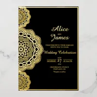 Mandala Side Frame Elegant Black Gold Foil Wedding Invitation