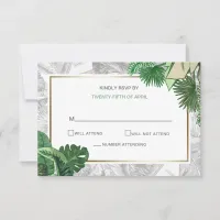 tropical leaves gold  greenery wedding RSVP card