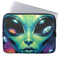 Alien Face with Planets Reflections in Eyes Laptop Sleeve