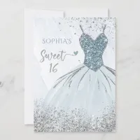 Dusty Blue Silver Sparkle Dress Sweet 16 birthday Invitation