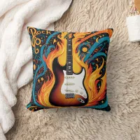 Electric guitar surrounded by vibrant flames throw pillow