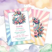 Cute Pink Unicorn themed Girl's Birthday Invite