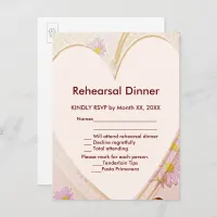 Pink Flowers, Heart, Rings RSVP Rehearsal Dinner Invitation Postcard