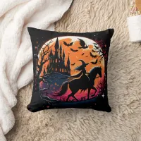 Halloween horse ride under a spooky moonlight throw pillow