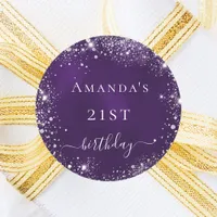 Birthday party purple silver glitter name classic round sticker