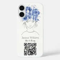 QR code cute girl blue watercolor roses floral iPhone 16 Case