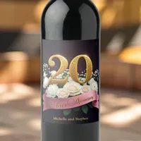 White Flowers Pink Ribbon 20th Wedding Anniversary Wine Label