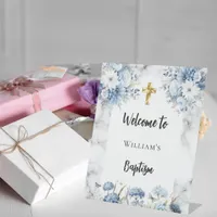 Baptism blue florals marble arch welcome pedestal sign