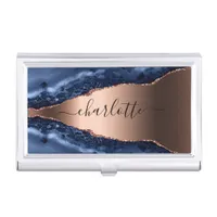 Blue agate marble rose gold name script business card case