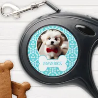 Teal And White Dog Bone Paw Pattern Pet Photo Retractable Pet Leash