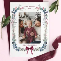 Burgundy Bow Watercolor Botanical Christmas Photo Holiday Card