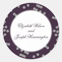 Purple Silver Glitter Confetti Elegant Wedding Classic Round Sticker