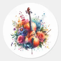 Watercolor Cello and Flowers   Classic Round Sticker