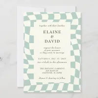 Retro Groovy Green Checkerboard Wedding Invitation