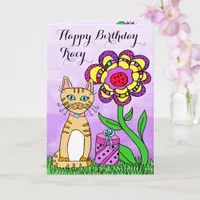 Happy Birthday Whimsical Cat and Flowers Card