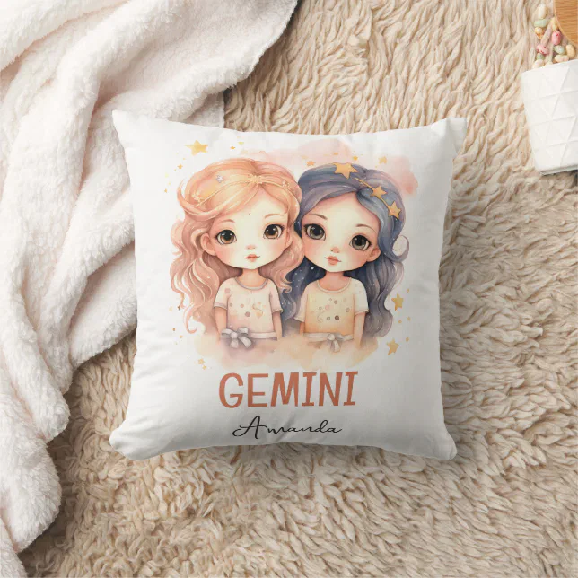 Cute Watercolor Illustration Gemini Zodiac Name Throw Pillow