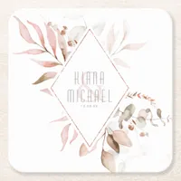 Dreamy Foliage Wedding Blush Pink ID817 Square Paper Coaster
