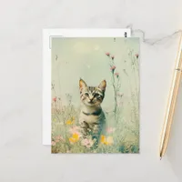 Adorable Retro Kitty in a Field of Wildflowers Postcard