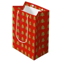 Christmas Gold Foil-Stamped Trees on Red Medium Gift Bag