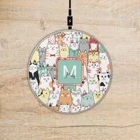 Watercolor Pastel Cute Cat Kitties Name Monogram Wireless Charger