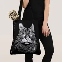 Elegant hand-drawn black&white cat personalized tote bag