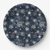 Simple Dark Blue with Snowflakes Paper Plates