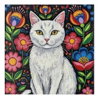 White Cat in Colorful Folk Art Flowers