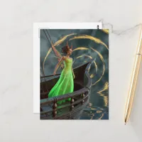 Fairy in Green Dress on a Boat with Red Horns Postcard