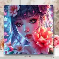 Beautiful Anime Girl Glitchcore Floral Metal Print