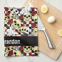 Cool Skulls Wearing Chef Hats Red Roses Checkered Kitchen Towel