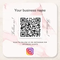 Blush pink marble business qr code instagram  square paper coaster