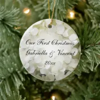 White Hydrangea First Christmas Photo Ceramic Ornament