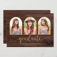 Rustic Wood Boho Arch Gold 3 Photo Graduation Invitation