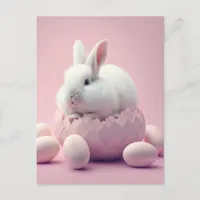 White Easter Bunny and Eggs Pink Background Postcard