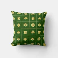 Gold Foil Shamrock Green Grid Pattern Throw Pillow