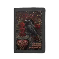 Dark Gothic Beauty Red Roses Black Crow Raven Bird Trifold Wallet